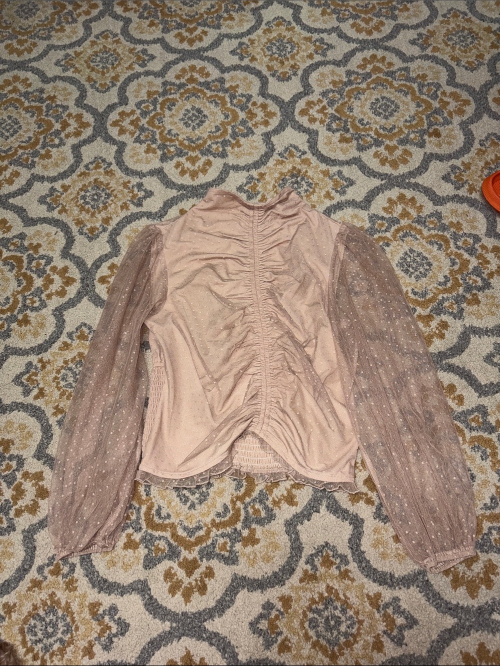 Nude long sleeve ruched mesh blouse